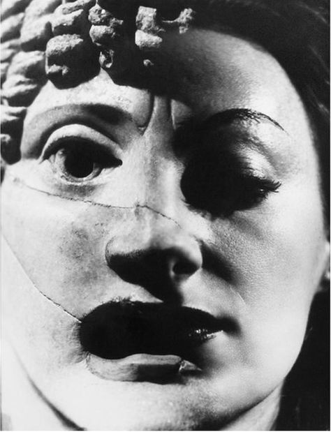 ANGUS McBEAN  |  MARIKA RIVERA IN GREEK MASK   | 1947  |  #AngusMcBean #MarikaRivera    | Greek Masks, Surrealist Photography, Mountains Of Madness, Element Of Surprise, Dark Aesthetics, Lady Macbeth, Gelatin Silver Print, Surrealism Photography, Non Sequitur