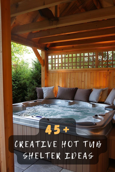 Discover 45 creative hot tub shelter ideas that transform your outdoor space into a cozy retreat. Featuring pergolas, stylish gazebos, and unique enclosures, these designs offer privacy and style. Click to explore these shelter inspirations and enhance your relaxation experience! 🛁🏡 #HotTubShelters #OutdoorRelaxation #CreativeDesigns #Pergolas #Gazebos #PrivateRetreat #StylishSpaces Screen Porch With Hot Tub, Gazebos For Hot Tubs, Walkout Basement With Hot Tub, Garden Design Hot Tub, Hot Tub Ideas Under Deck, Deck Design With Hot Tub, Hot Tub Surround Ideas Diy Backyard, Hot Tub Off Deck Ideas, Swim Spa In Deck