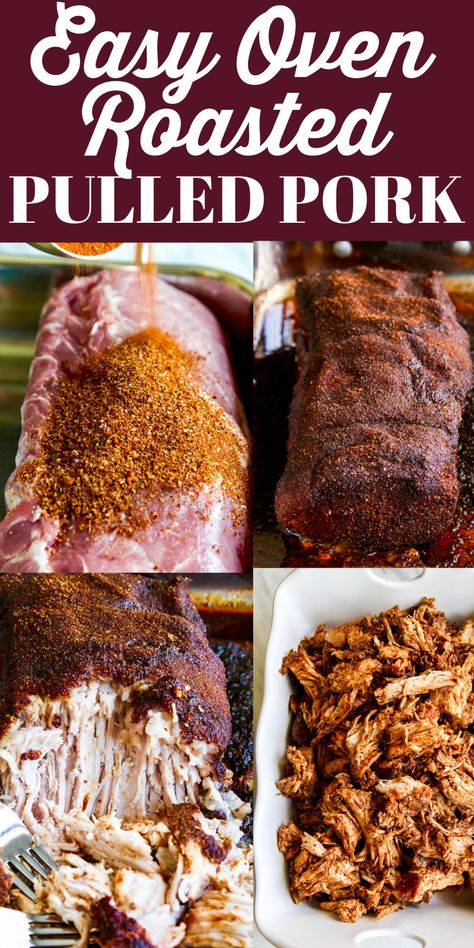 Oven Roasted Pulled Pork is moist and super savory! Season with a homemade rub and cook it with these slow-roasting secrets. We cover how to make pulled pork at a low oven temperature as opposed to slow cooked in a crockpot. And why a loin is the best cut! The low heat temperature and a long cooking process make the meat easy to shred as it becomes tender over the hours. The result: perfectly moist yet slightly caramelized edges with the best flavor. Pulled Pork Roast Recipes, Pulled Pork In Roaster Oven, Pulled Pork Loin, Pork Roast Recipes Oven, Homemade Bbq Rub, Baked Pulled Pork, Roasted Pulled Pork, Pulled Pork Oven Recipe, Pork Loin Pulled Pork