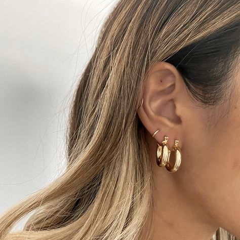 Gold Earring Combo, Classic Hoop Piercings, Tarnish Resistant, Classic Tarnish-resistant Hoop Piercings, Gold Hypoallergenic Hoop Piercings, Gold Hoop Earrings, Pierced, Minimalist Tarnish-resistant Hoop Piercings, Earring Setup, Gold Hoops Aesthetic, Ears Piercing