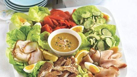 Smoked Fish Platter with Mustard-Caper Sauce and Fennel-Cucumber Salad Recipe Fish Platter Ideas, Fresh Fish Recipes, Cooking Timers, Savory Salads, Fish Platter, Cold Pasta, Fennel Salad, Cucumber Recipes Salad, Smoked Fish