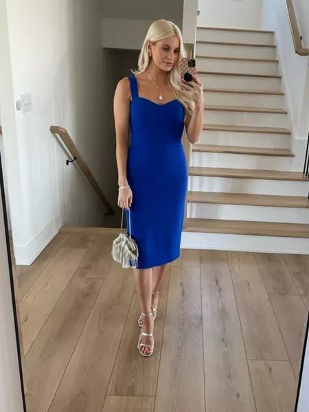 Wedding guest dress - love this! Cobalt blue mid length cocktail dress with strappy gold heels. Wearing a size small! Royal Blue Recruitment Dress, Royal Blue Wedding Guest Dress, Cobalt Blue Dress Outfit, Colbalt Blue Dress, Royal Blue Dress Outfit, Cobalt Blue Weddings, Blue Wedding Guest Dresses, Kathleen Post, Summer Wedding Attire