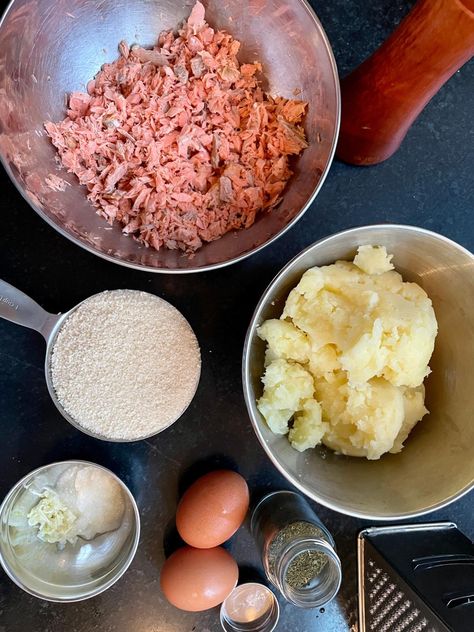 Leftover salmon finds restaurant-style presentation with potato cakes