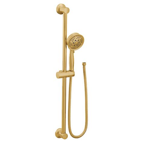 Brushed gold eco-performance handshower handheld shower -- 3667EPBG -- Moen Luxurious Showers, Shower Parts, Water Efficiency, Spa Inspiration, Slide Bar, Minimalist Contemporary, Handheld Shower Head, Water Pressure, Water Conservation