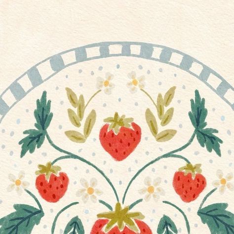 Folk Art Strawberries, Strawberry Art Print, Strawberry Art Aesthetic, Paint Strawberries, Cute Fruit Illustration, Folk Art Aesthetic, Painted Flower Pattern, Berries Art, Folk Art Illustration