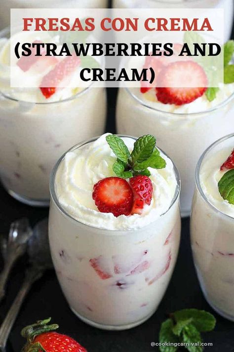 Strawberries and Cream, also known as Fresas con Crema, is the easiest no-bake Mexican dessert you’ll ever make! It tastes great and looks fancy. It’s so simple to make and requires only 5 ingredients. This dessert is a perfect recipe to make for upcoming Valentine’s Day. Why just Valentine’s Day, this dessert is perfect for Gameday, summer parties, or any gatherings! #strawberriesandcream #FresasconCrema #mexican #dessert #party Strawberries And Cream Recipe, Crema Recipe, Mexican Desserts, Jar Recipes, Eggless Desserts, Mexican Dessert Recipes, Make Ahead Desserts, Dessert Party, Mexican Dessert