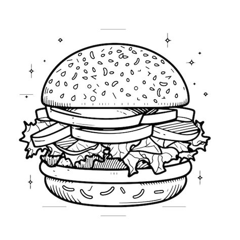 Sketch hand drawn single line art colori... | Premium Vector #Freepik #vector #cheeseburger #food-burger #hamburger #hamburger-burgers Burger Printable, Burger Sketch, Hamburger Drawing, Food Line Art, Burger Art, Burger Vector, Line Art Coloring, Single Line Art, Food Burger