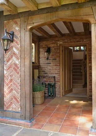 Border Oak. Herringbone brick detail Cottage Doors, Herringbone Brick, Border Oak, Oak Frame House, Oak Framed Buildings, Porch Door, Brick Detail, Self Build, Brick And Wood