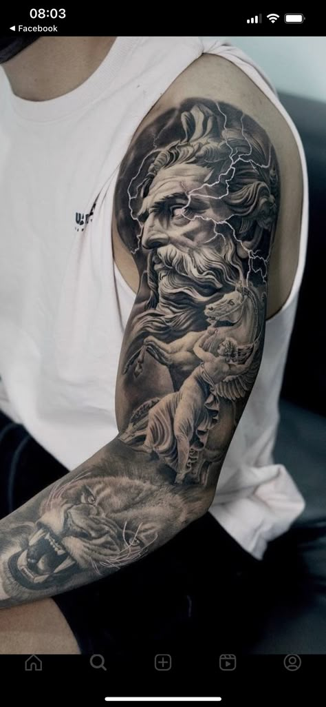 Walk In Tattoo Ideas Men, Men’s Sleeve Tattoo Ideas Greek Gods, Full Tattoos For Men, Greek And Roman Tattoos, Aggressive Tattoo For Men, Zeus Tattoo Forearm, Greek Shoulder Tattoo, North Mythology Tattoo, Greek God Tattoos For Men