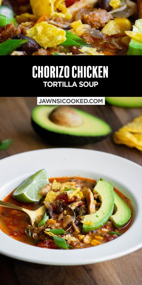 This easy and delicious Chorizo Chicken Tortilla Soup takes classic Chicken Tortilla Soup to the next level with spicy ground Mexican chorizo! Ready in about 45 minutes, this hearty soup tastes great topped with crushed tortilla chips, avocado and sliced green onion. Tortilla Soup Recipe Crockpot, Chorizo Soup Recipes, Chorizo Chicken, Chicken Broth Soup, Chorizo Soup, Chicken Tortilla Soup Crock Pot, Bbq Pulled Pork Recipe, Bean And Bacon Soup, Mexican Chorizo