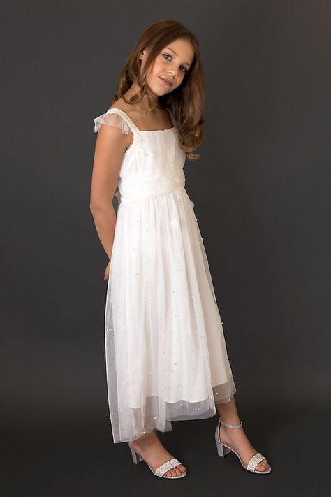 3D Flower Flutter Sleeve Girls Dress with Pearls | David's Bridal Teenage Flower Girl Dresses, Older Flower Girl Dresses, Appliqué Dress, Dress With Pearls, Gauzy Dress, Boho Flower Girl, Ring Bearers, Angel Dress, Amelia Dress