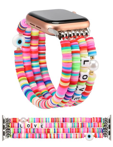 PRICES MAY VARY. So cute for daily! - The boho bracelet bands for Apple Watch are made of clay polymer, no fade, waterproof, lightweight and comfortable to wear. Paired this heishi beaded bracelet band to your daily life This Smile heishi beads stretch bracelet band for apple watch is the perfect way to add a beautiful detail to your favorite outfits this season! It is perfect for lots of occasions, such as at home, street, beach, maxi, bikini, t-shirt, sweater and so on. You can choose one alon Jewelry Bands, Apple Watch Nike, Kandi Ideas, Apple Watch Bracelets, Preppy Jewelry, Aesthetic Jewelry, Clay Polymer, Clay Bracelet, Preppy Girl