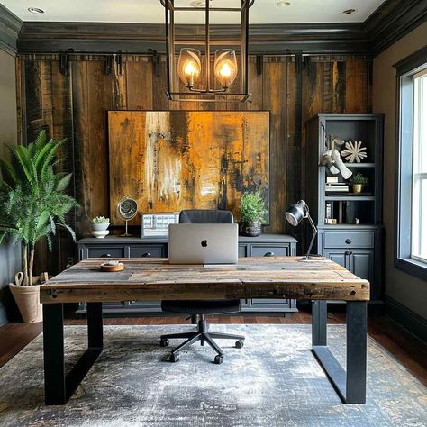 Revitalize your home office with a touch of rustic charm and the efficiency of high-speed tech. Our collection features a cozy rug, a stylish pendant light, and a rustic wall decor that will transform your workspace into a cozy and functional haven. Embrace the rustic aesthetic while enjoying the convenience of modern technology. #HomeOfficeRevitalized #RusticCharm #HighSpeedTech #CozyWorkspace Office With Industrial Look, Rustic Office Decor Ideas, Garage Office Ideas, Rustic Office Ideas, Rustic Desks, Industrial Home Office Design, Rustic Office Design, Modern Rustic Office, Industrial Interior Office