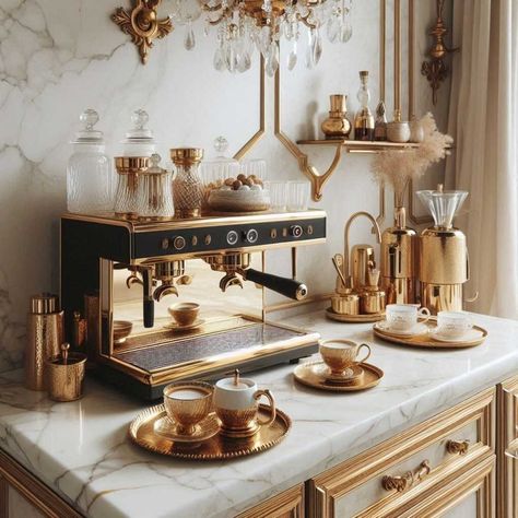 20+ Coffee Bar Ideas for Home You'll Love » HomeDecorFull Tiered Coffee Station, Unique Coffee Bar Ideas, Coffee Station Kitchen Countertops, Coffee Bar Luxury, Italian Coffee Aesthetic, Glam Coffee Bar Ideas, Antique Coffee Bar, Luxury Coffee Bar, Home Cafe Ideas