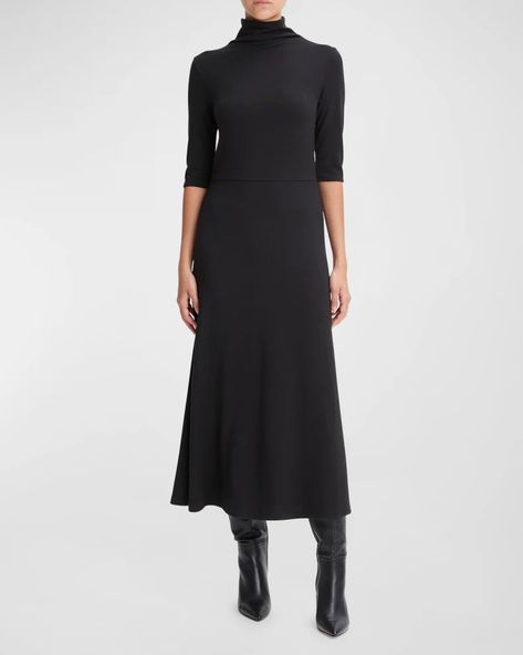 Vince Elbow-Sleeve Turtleneck Midi Dress | Neiman Marcus Turtleneck Black Dress, Black Turtleneck Dress, Turtleneck Midi Dress, Turtleneck Dress, Turtle Neck Dress, Elbow Sleeve, Elbow Length Sleeve, Dress Cuts, Solid Dress