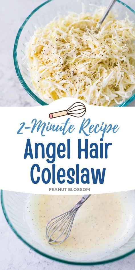 Creamy angel hair coleslaw takes just 2 minutes to whisk together and uses finely shredded cabbage for a cold and crispy side dish for a BBQ platter. Use it to top a pulled pork or pulled chicken sandwich. Angel Hair Coleslaw, How To Shred Cabbage, Potato Side Dishes Easy, Coleslaw Recipes, Bbq Platter, Peanut Blossoms, Rice Pilaf Recipe, Shredded Cabbage, Pulled Chicken