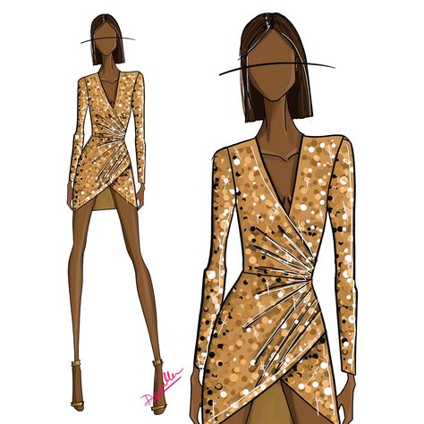 Anya sequin mini dress - fashion illustration Sequin Fashion Illustration, Sequin Dress Drawing, How To Draw Sequins, Sequin Dress Illustration, Cocktail Dress Illustration, Mini Dress Drawing, Party Dress Illustration, Freshers Party Dress, Sequin Illustration