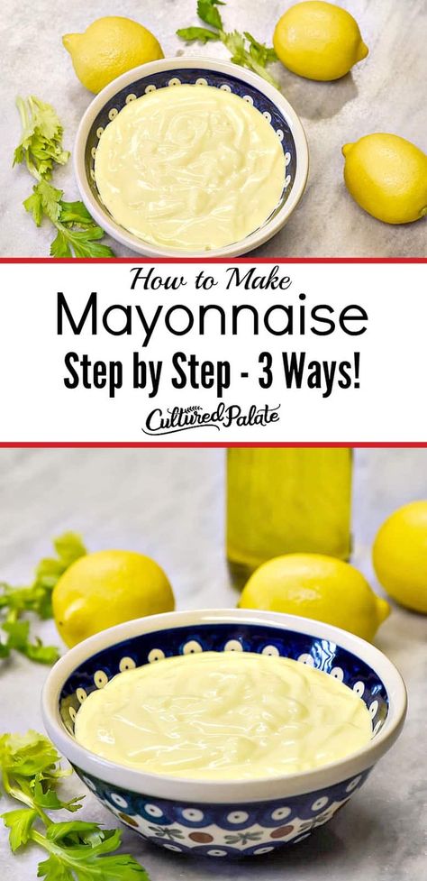 My Homemade Mayonnaise Recipe is easy to make! Learn how to make mayonnaise with 3 methods. #myculturedpalate #mayonnaise #recipe #recipevideo #homemademayonnaise #gaps #keto Blender Mayonnaise Recipe, Easy Mayonnaise Recipe, Healthy Sauce Recipes, Make Mayonnaise, Healthy Dressing Recipes, Homemade Mayonnaise Recipe, Baking Mix Recipes, Blender Food, How To Make Mayonnaise