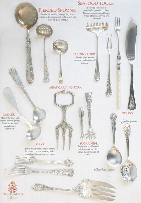 A Guide To Antique Silver Flatware - FrenchGardenHouse Vintage Silverware Patterns Sterling Silver Flatware, French Country Silverware, Antique Silverware Vintage Cutlery, Table Setting Etiquette, Antique Knowledge, Antique Flatware, Flatware Patterns, Dining Etiquette, Silverware Crafts