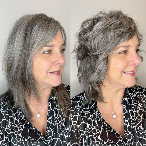 Edgy Haircuts For Thinning Hair, Medium Gray Shag Haircuts, Shag Hair Over 50, Medium Shag For Thick Hair, Medium Length Shag Haircuts With Bangs Over 50, Shag For Wavy Hair Over 50, Shag For Fine Hair Over 50, Hair Color For 60 And Over, Shag Hair Styles For Older Women