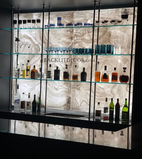 Faux Onyx Shelf Backdrop Backlit Bar Shelves, Backlit Countertop, Shelf Backdrop, Backlit Bar, Bmw Showroom, Raised Homes, Wine Cellar Racks, Resto Bar, Bar Counter Design