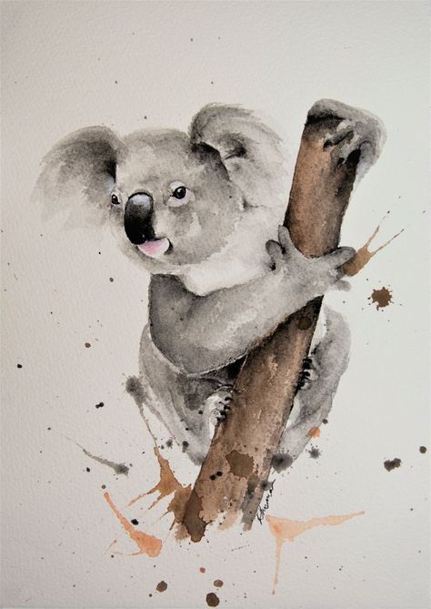 Watercolour painting of a koala by emerging Australian artist, Leanne Thomas Watercolor Koala Bear, Koala Painting Acrylics, Koala Watercolor Painting, Kangaroo Painting Acrylics, Watercolour Australian Animals, Australian Drawings, Watercolour Koala, Watercolor Animals Simple, Australia Watercolour