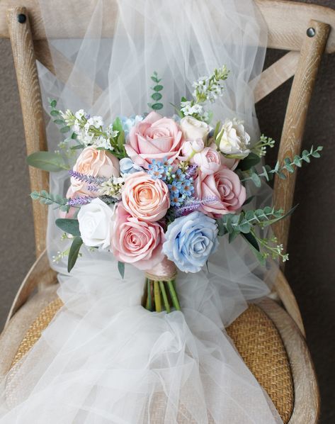 Dusty Pink and Blue Wedding Bouquet Rustic Boho Flower - Etsy Ireland Bridal Bouquet Pastel Colors, Peony Roses Wedding Bouquet, Pink Blue And Purple Wedding Theme, Wedding Bouquet Pink And Blue, White Pink Blue Wedding Bouquet, Dusty Blue And Blush Wedding Flowers, Dusty Pink And Blue Wedding, Pink And Blue Flower Arrangements, Dusty Rose And Dusty Blue Wedding