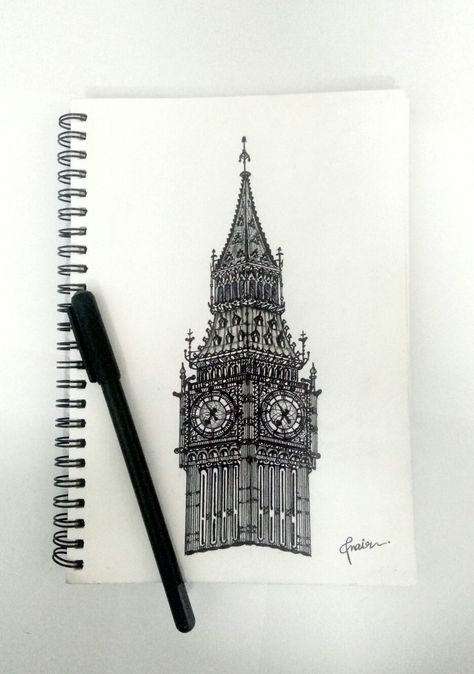 Clock Tower Drawing, Art Sketches Pen, Sketches Pen, Tower Drawing, Drawing Color, Wall Drawing, Historical Monuments, Clock Tower, Pen Art