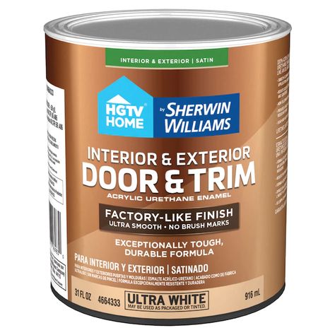 HGTV HOME by Sherwin-Williams Satin Ultra White Acrylic Interior/Exterior Door and Trim Paint (1-quart) in the Door & Trim Paint department at Lowes.com Exterior Door Paint Colors, Satin Aesthetic, Door And Trim Paint, Exterior Door Trim, Painted Exterior Doors, Painting Trim White, Trim Paint, Interior Exterior Doors, Door Paint Colors