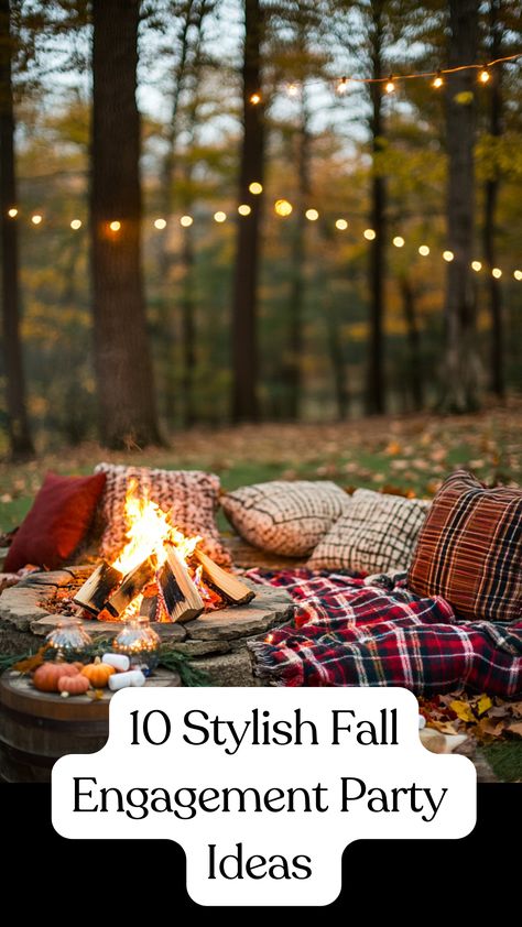 Outdoor fall engagement party setup with plaid blankets, pillows, twinkling lights, fall leaves, and a cozy fire pit for roasting marshmallows, creating a warm and intimate celebration. Engagement Party Activities, Fall Engagement Parties, Backyard Engagement Parties, Fire Pit Party, Plaid Blankets, Outdoor Dinner Parties, Seasonal Treats, Engagement Sets, Fall Party