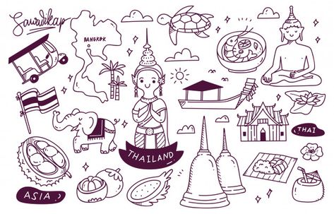 Thailand travel destination doodle | Premium Vector #Freepik #vector Thailand Doodle, Thai Illustration, Sun Doodle, Icons Hand Drawn, Thailand Travel Destinations, Chalkboard Doodles, Coffee Doodle, Creative School Project Ideas, Sun Burst