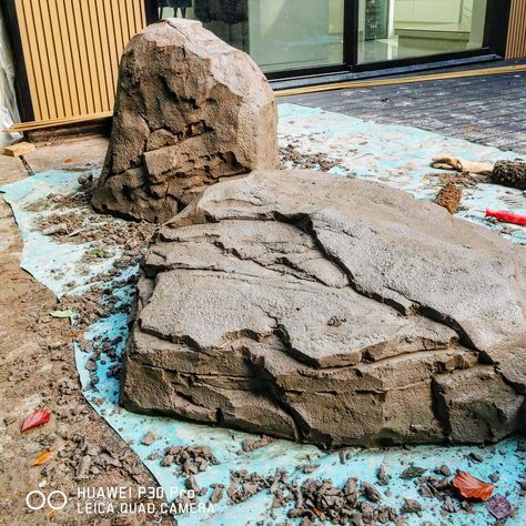 A small private job building boulders to surround a koi pond...... Close to home, beautiful surroundings...... I love these types of projects #artificialrock #fauxrock #verticalconcrete #concreteartisan #koipond #fauxboulders #Japanesegardens #carvedconcrete #mortarcarving Concrete Table Diy, Pool Pond Ideas, Yard Waterfall, Fake Landscape Rocks, Diy Faux Rocks, Rocks Reference, Stone Water Features, Snake Enclosure, Landscape Rocks