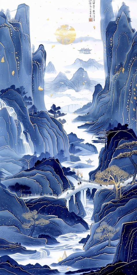 Midjourney Feed Chinese Aesthetic Wallpaper, Chinese Wallpaper Aesthetic, Chinese Mountains, Winding River, Chinese Wallpaper, Landscape Blue, Asian Landscape, Traditional Chinese Art, Blue White Porcelain