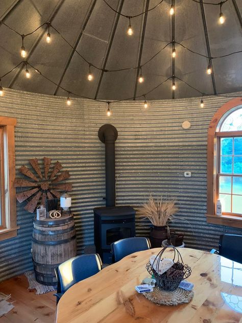 Grain Bin Interior Ideas, Grain Bin House Interior, Corral Ideas, Silo Ideas, Bin Bar, Bin Gazebo, Bunkhouse Ideas, Bin House, Grain Bin House