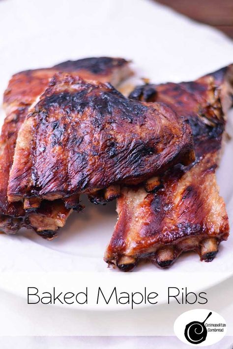 Baked Maple Ribs from Cosmopolitan Cornbread | An effortless dish and so delicious! Maple Ribs, Healthy Entrees, Pork Spare Ribs, Spare Ribs, Pork Dishes, Pork Ribs, Homeschool Mom, Meat Dishes, So Delicious