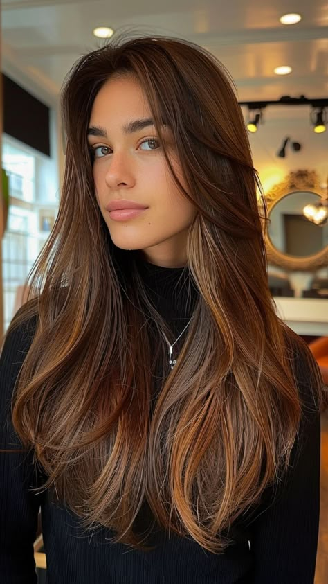 25 Must-Try Layered Haircuts and Hairstyles for 2024 Balayage For Morena, Hair Color Ideas For Morena, Haircuts For Long Hair Straight, Color Castaño, Brown Hair Inspo, Hair Inspiration Long, Straight Hair Cuts, Brunette Balayage Hair, Long Layered Hair