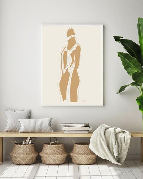 Fall Earth Tones, Love Canvas Painting, Love Wall Decor, Abstract Line Drawing, Autumn Poster, Lovers Embrace, Drawing Love, Love Wall, Neutral Beige