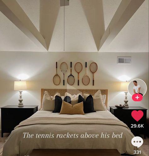 Tennis Bedroom Ideas, Tennis Room Decor, Tennis Bedroom, Boston Apartment, Vintage Tennis, Kids Interior Room, Tennis Clubs, Above Bed, Bedroom Vintage