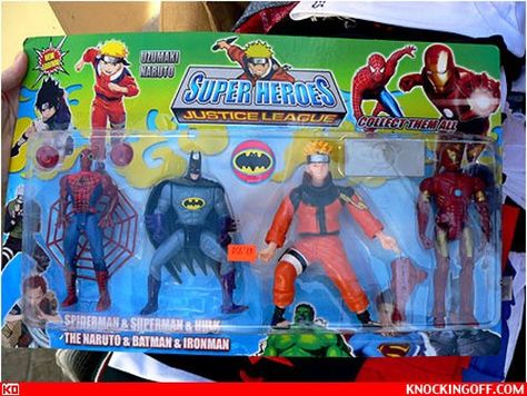 what a crossover, batman, spiderman, ironman, and naruto Fake Toys, New Justice League, Bootleg Toys, Superhero Toys, Superman Movies, Batman Toys, Misfit Toys, Crush Memes, Cursed Memes