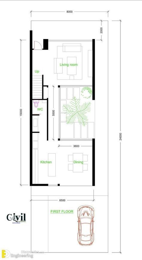 House Plans 6.5×15 With 3 Bedrooms - Engineering Discoveries 6 X 15 House Plan, Small Courtyard House, House Plans With Courtyard, Tropical House Plans, Atrium House, Narrow House Designs, Narrow House Plans, Elegant House, Narrow Lot House