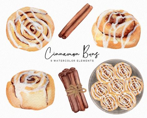 Cinnamon Roll Sketch, Cinnamon Roll Illustration, Watercolor Cinnamon Roll, Cinnamon Rolls Sticker, Watercolour Croissant, Food Clips, Watercolor Food, Cinnamon Buns, Food Drawing