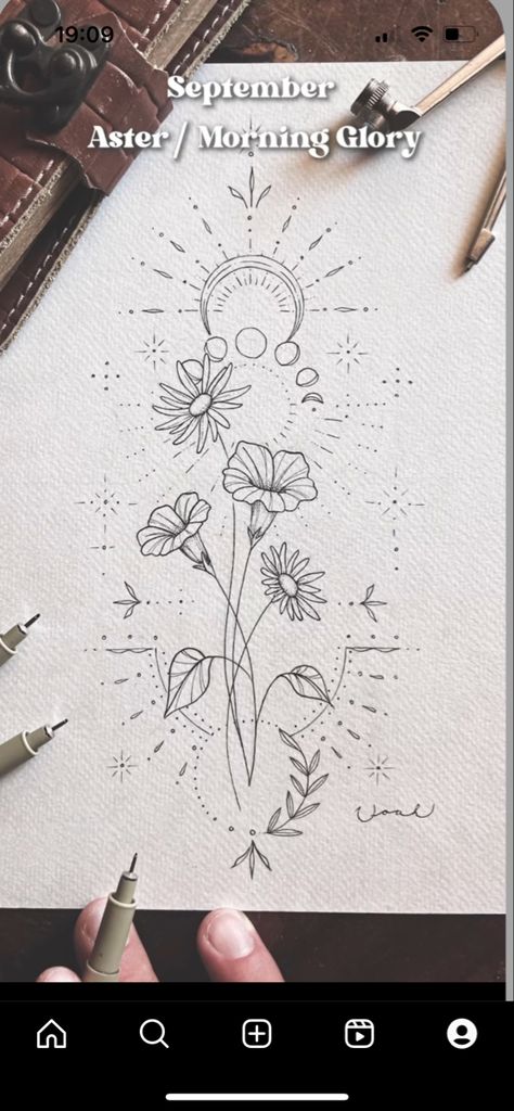 Daffodil Compass Tattoo, September Birth Flower Drawing, Celestial Arm Tattoo, Birth Flower Moon Tattoo, Celestial Flower Tattoo, Half Moon Flower Tattoo, Aster Flower And Bee Tattoo, Aster And Morning Glory Tattoo September, Aster Flower Moon Tattoo