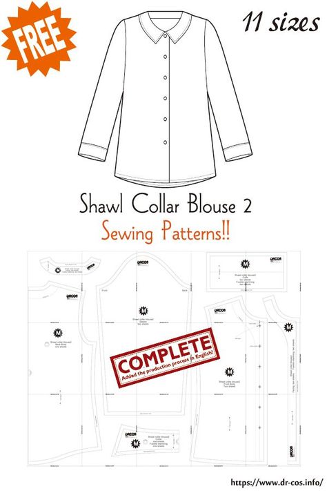 This is the pattern of Shawl collar blouse 2. inch size(letter size) Children's-4,8,10/Ladies'-S,M,L,LL/Men's-S,M,L,LL cm size(A4 size) Children's-100,120,140/Ladies'-S,M,L,LL/Men's-S,M,L,LL　Added the number of fabric meters required for each size ❤️The production process is now uploaded to the site. Collared Shirt Pattern, Shawl Collar Blouse, Collar Blouse Pattern, English Collar, Japanese Sewing Patterns, Sewing Fashion, Swift Concert, Free Sewing Patterns, Japanese Sewing