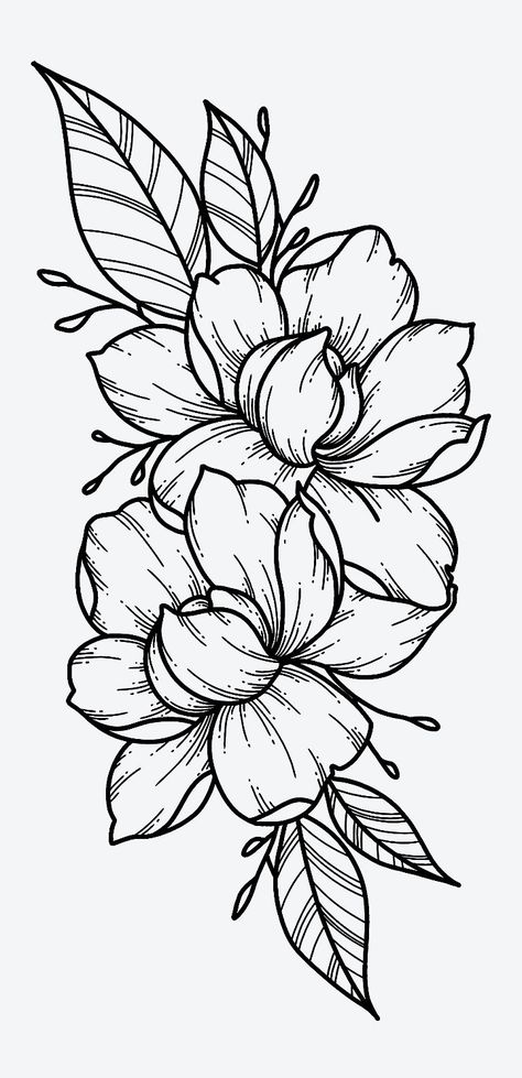 Hur Man Ritar Blommor, Drawing Of Flowers, Magnolia Tattoo, Kunst Tattoos, Pola Sulam, Coloring Book Art, Tattoo Design Drawings, Creative Tattoos, Tattoo Stencils