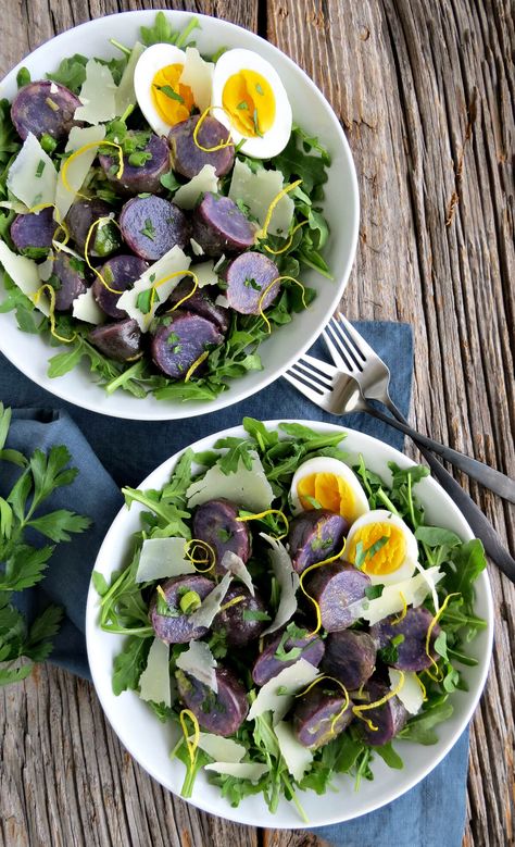 Purple Potato Salad with Lemon and Herb Vinaigrette - Easy Recipe Potato Salad Sweet, Purple Potato Salad, Recipes With Hard Boiled Eggs, Healthy Bbq Side Dishes, Summer Cookout Recipes, Easter Side Dishes Recipes, Herb Vinaigrette, Potato Salad Recipes, Egg Potato