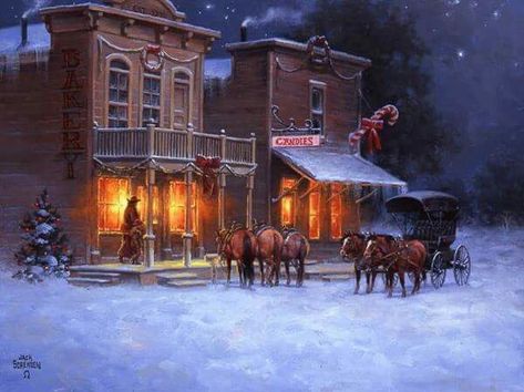 Cowboy Pics, Southwestern Christmas, Jack Sorenson, Thomas Kincaid, Old Western Towns, Christmas Artist, Western Winter, Old West Town, Western Artwork