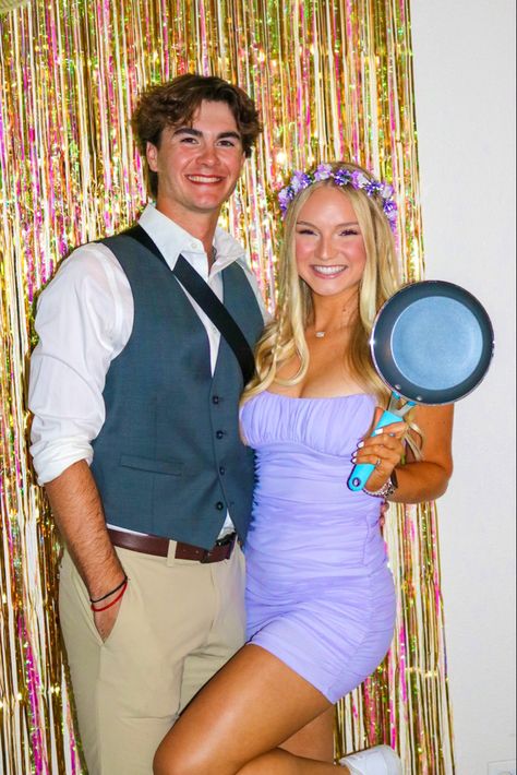 Rapanzul Costume Diy, Rapunzel And Eugene Couple Costume, Couples Halloween Costume Rapunzel, Rapunzel And Flynn Costume College, Rupunzle And Flynn Halloween Costume, Flynn Ryder And Rapunzel Costume, Rapunzel And Flynn Halloween Costume, Repunzal And Flynn Couple Costume, Tangled Costume Couple