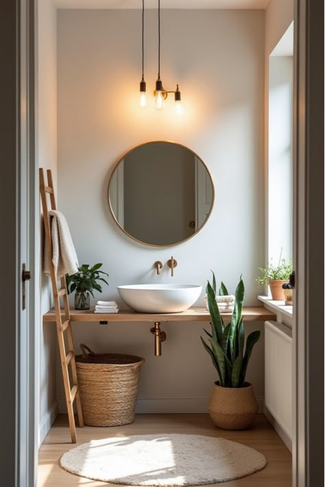 Inviting Scandinavian bathroom corner with plants and ladder towel rack Scandi Downstairs Toilet, Skandi Style Bathrooms, Cozy Scandinavian Bathroom, Small Scandi Bathroom, Bathroom Nordic Style, Scandi Small Bathroom, Scandinavian Airbnb, Round Mirror In Bathroom, Bathroom With Round Mirror