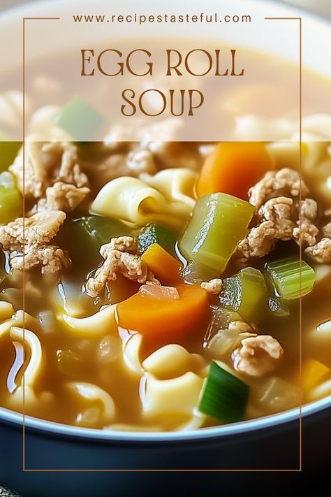 A comforting and hearty Egg Roll Soup that captures the flavors of your favorite egg rolls in a warm, savory broth. This quick and easy recipe combines ground beef, fresh vegetables, and a deliciously spiced broth for a satisfying meal. Eggroll Soup, Egg Roll Soup Recipe, Egg Roll Soup, Pork Egg Rolls, Crockpot Soup, Crockpot Soup Recipes, Crock Pot Soup, Egg Roll, Bowl Of Soup