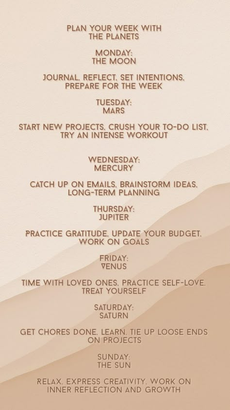 Planning based on planets Days Of The Week Manifestation, Days Ruled By Planets, Planets Of The Week, Planets Days Of The Week, Plan Your Week With The Planets, Spiritual Days Of The Week, Days Of The Week And Planets, Days Of The Week Meaning, Days Of The Week Ruling Planets